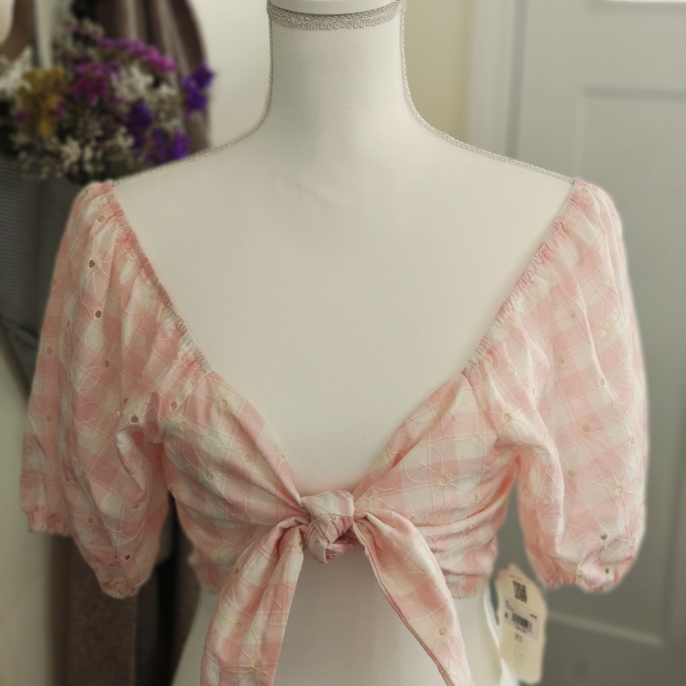 Altar'd State Pink and Orange Puff Sleeve Tie Front Blouse